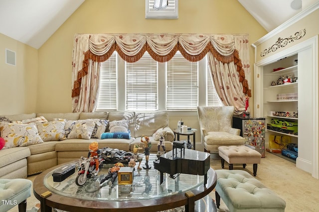 5901 Charleycote Dr, Raleigh, NC 27614 - living room featuring visible vents, carpet floors, and vaulted ceiling