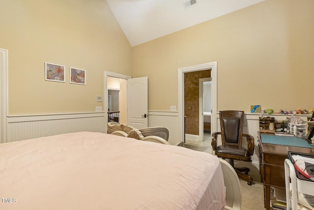 5901 Charleycote Dr, Raleigh, NC 27614 - bedroom with visible vents, wainscoting, and high vaulted ceiling