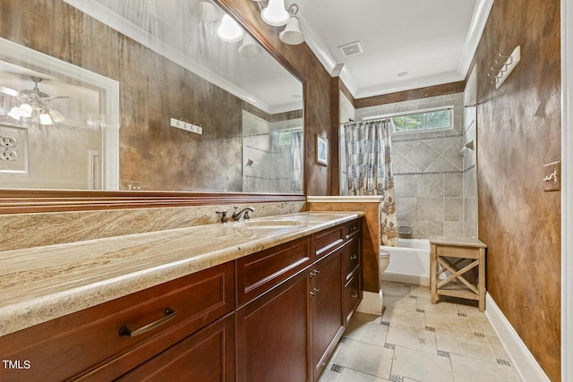 5901 Charleycote Dr, Raleigh, NC 27614 - bathroom with crown molding, vanity, shower / bath combo with shower curtain, toilet, and visible vents