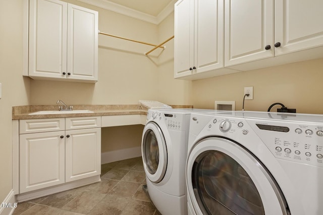 5901 Charleycote Dr, Raleigh, NC 27614 - washroom with a sink, separate washer and dryer, ornamental molding, and cabinet space