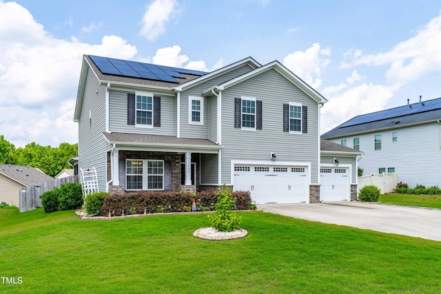 1104 Arden Trace Ct, Fuquay Varina, NC 27526 - view of front of property featuring solar panels, concrete driveway, stone siding, and a garage