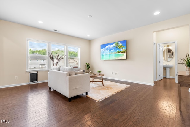 1104 Arden Trace Ct, Fuquay Varina, NC 27526 - living room featuring dark wood-type flooring, baseboards, and recessed lighting