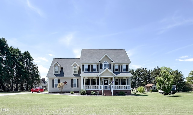 view of front of house featuring a shingled roof, crawl space, covered porch, and a front yard