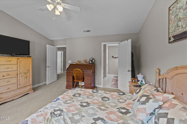 228 Honeywell Way, Fuquay Varina, NC 27526 - bedroom with ceiling fan, light carpet, baseboards, lofted ceiling, and visible vents