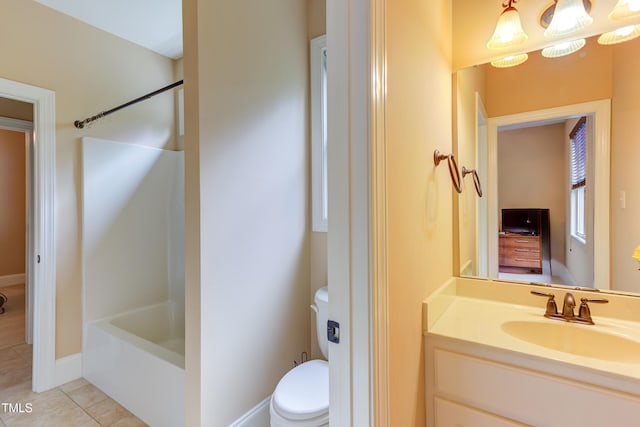 full bath featuring toilet, tile patterned floors, vanity, and  shower combination
