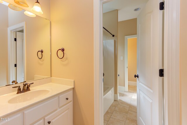 full bath with vanity, bathing tub / shower combination, and tile patterned flooring