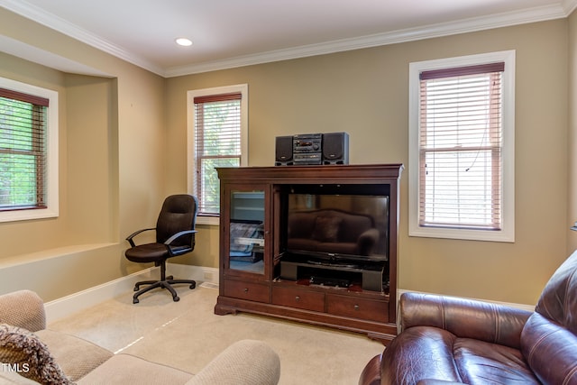 living area with crown molding, carpet, recessed lighting, and baseboards
