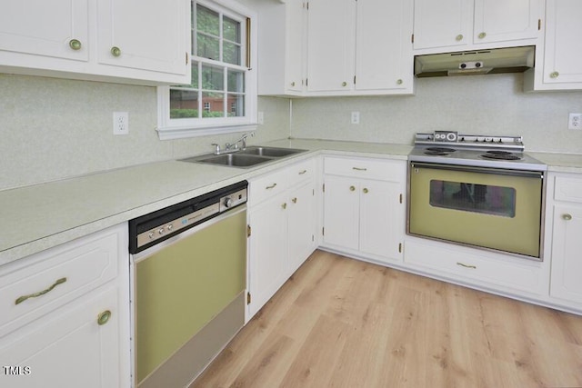 5825 Scalybark Rd, Durham, NC 27712 - kitchen featuring dishwashing machine, white electric range oven, under cabinet range hood, light countertops, and light wood-style floors