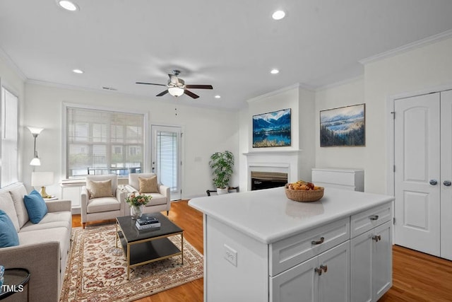 living room featuring crown molding, ceiling fan, and wood finished floors