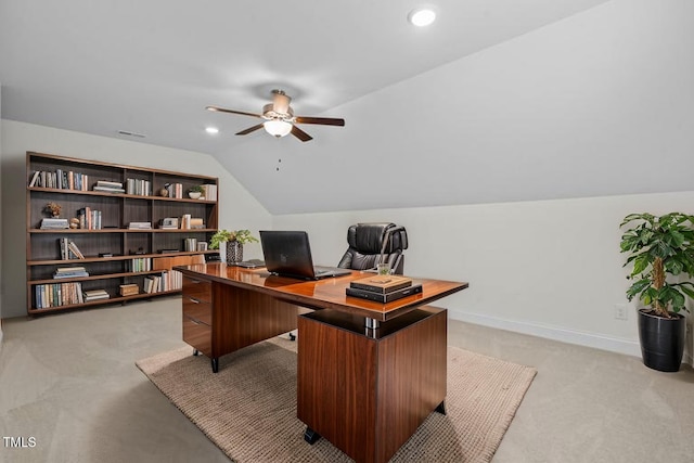 home office featuring ceiling fan, baseboards, lofted ceiling, light carpet, and recessed lighting