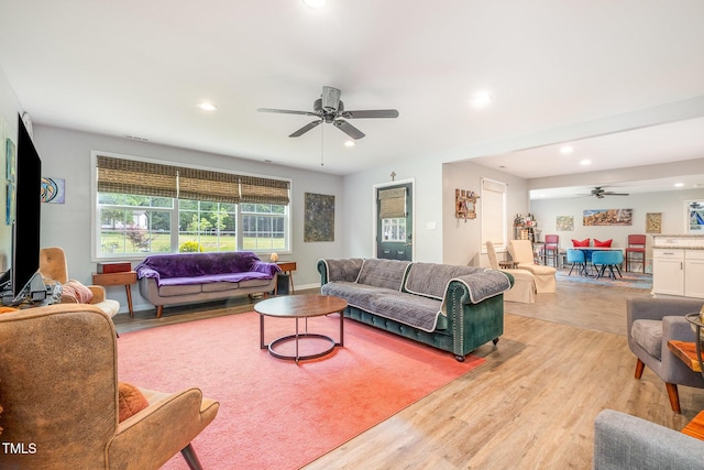 553 Isley Rd, Haw River, NC 27258 - living room featuring a ceiling fan, light wood finished floors, and recessed lighting
