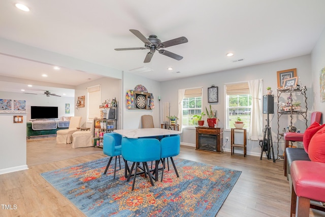 553 Isley Rd, Haw River, NC 27258 - dining space with a ceiling fan, recessed lighting, wood finished floors, and baseboards