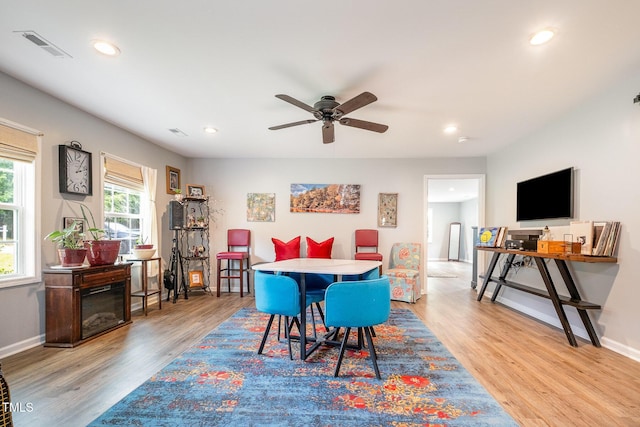 553 Isley Rd, Haw River, NC 27258 - dining area featuring light wood-style flooring, recessed lighting, a ceiling fan, and baseboards