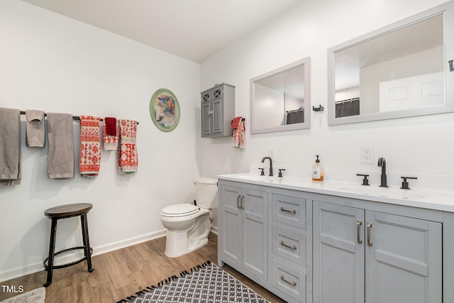 553 Isley Rd, Haw River, NC 27258 - bathroom featuring toilet, wood finished floors, double vanity, and baseboards