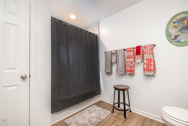 553 Isley Rd, Haw River, NC 27258 - full bath featuring wood finished floors, toilet, baseboards, and a shower with curtain
