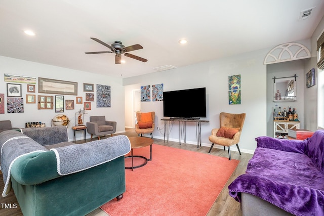 553 Isley Rd, Haw River, NC 27258 - living room featuring wood finished floors, ceiling fan, baseboards, and recessed lighting