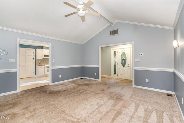 interior space featuring ceiling fan, visible vents, baseboards, vaulted ceiling with beams, and carpet