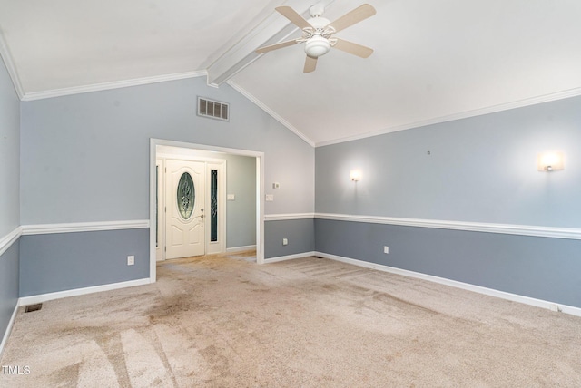 interior space with visible vents, lofted ceiling with beams, carpet, and ceiling fan