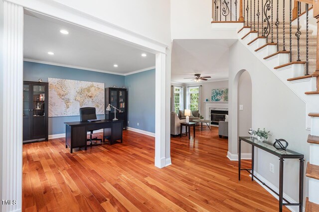 116 Dallavia Ct, Morrisville, NC 27560 - home office with crown molding, a ceiling fan, baseboards, recessed lighting, and wood finished floors