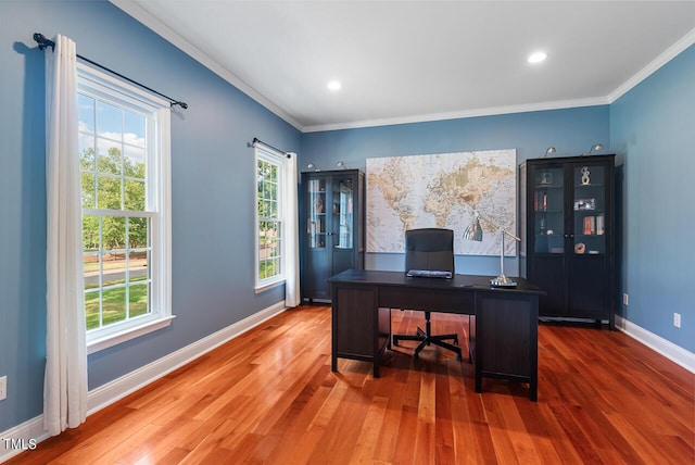 116 Dallavia Ct, Morrisville, NC 27560 - office area featuring baseboards, ornamental molding, wood finished floors, and recessed lighting