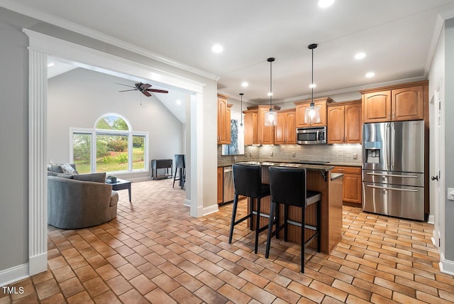 116 Dallavia Ct, Morrisville, NC 27560 - kitchen featuring baseboards, open floor plan, a ceiling fan, backsplash, and stainless steel appliances