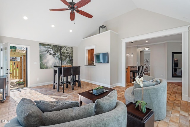 116 Dallavia Ct, Morrisville, NC 27560 - living room featuring recessed lighting, a ceiling fan, baseboards, and high vaulted ceiling