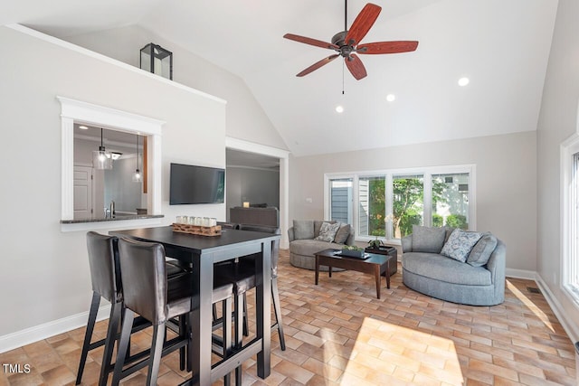 116 Dallavia Ct, Morrisville, NC 27560 - living room featuring high vaulted ceiling, ceiling fan, baseboards, and recessed lighting