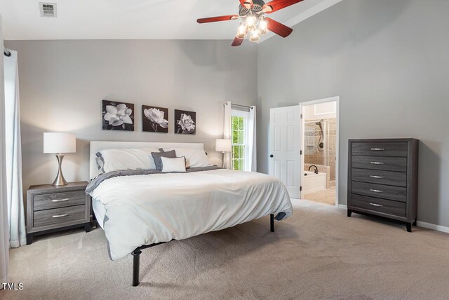 116 Dallavia Ct, Morrisville, NC 27560 - bedroom with ceiling fan, visible vents, high vaulted ceiling, light carpet, and ensuite bath
