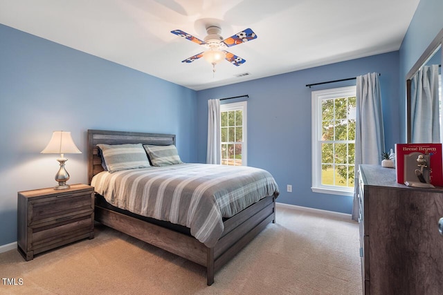 116 Dallavia Ct, Morrisville, NC 27560 - bedroom featuring light colored carpet, a ceiling fan, baseboards, and visible vents