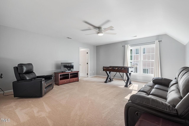116 Dallavia Ct, Morrisville, NC 27560 - living area with ceiling fan, visible vents, vaulted ceiling, baseboards, and light carpet