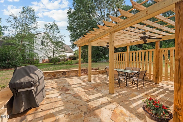 116 Dallavia Ct, Morrisville, NC 27560 - view of patio featuring a ceiling fan, outdoor dining space, a grill, and a pergola