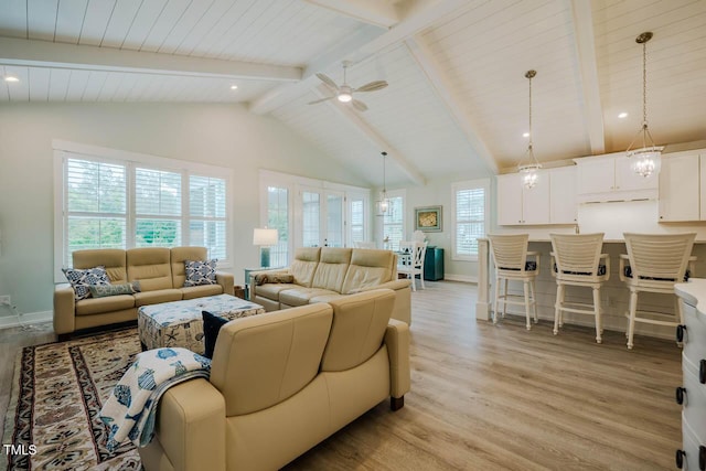 328 Boone St, Chapel Hill, NC 27516 - living area featuring light wood finished floors, wood ceiling, beamed ceiling, baseboards, and a ceiling fan