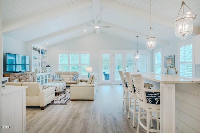 328 Boone St, Chapel Hill, NC 27516 - living room featuring light wood-type flooring, a chandelier, a ceiling fan, wooden ceiling, and recessed lighting