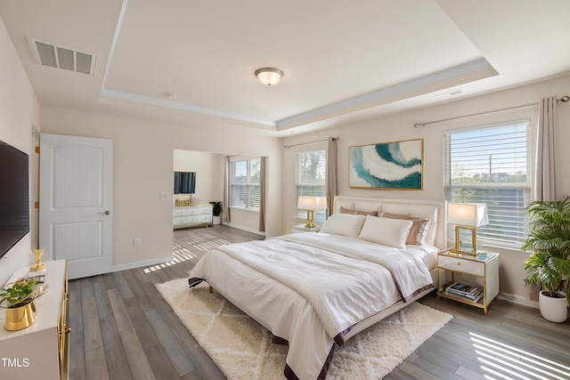 bedroom featuring visible vents, a raised ceiling, and multiple windows
