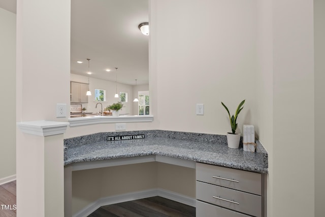 interior space with a sink, recessed lighting, and wood finished floors