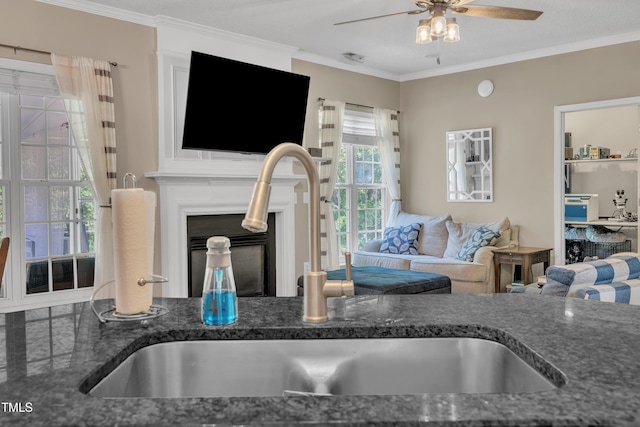 312 Grassy Point Rd, Apex, NC 27502 - living room with a ceiling fan, crown molding, and a fireplace