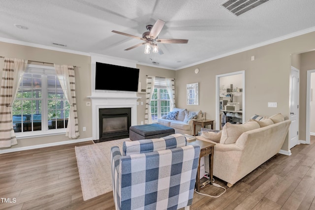 312 Grassy Point Rd, Apex, NC 27502 - living room with wood finished floors, a textured ceiling, ceiling fan, a fireplace with flush hearth, and crown molding