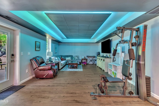 312 Grassy Point Rd, Apex, NC 27502 - living room with a tray ceiling, baseboards, and wood finished floors