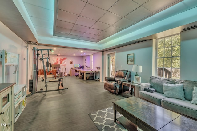 312 Grassy Point Rd, Apex, NC 27502 - living area with a tray ceiling and wood finished floors