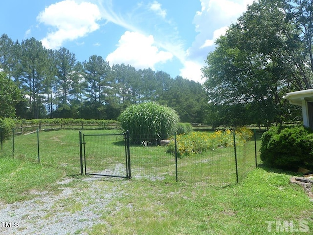 view of yard with a gate, fence, and a rural view