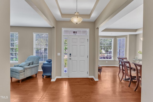 foyer with a tray ceiling, hardwood / wood-style flooring, and baseboards
