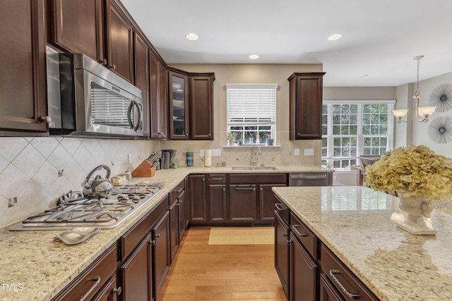 kitchen featuring a sink, stainless steel appliances, light wood-style floors, light stone countertops, and dark brown cabinets