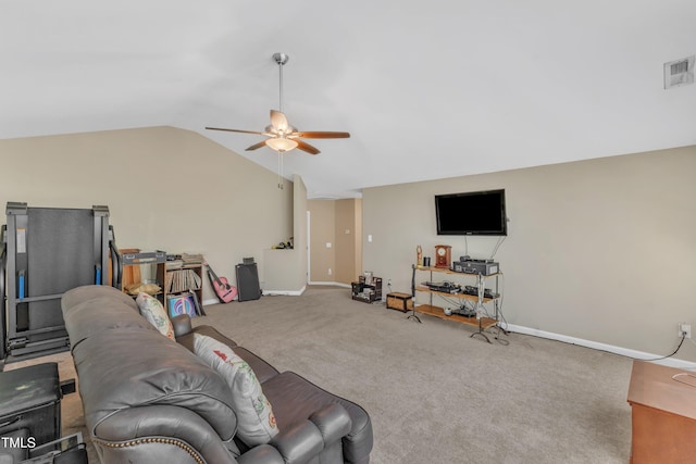 living area featuring a ceiling fan, vaulted ceiling, baseboards, and carpet floors