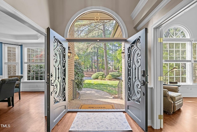 entrance foyer featuring wood finished floors and crown molding