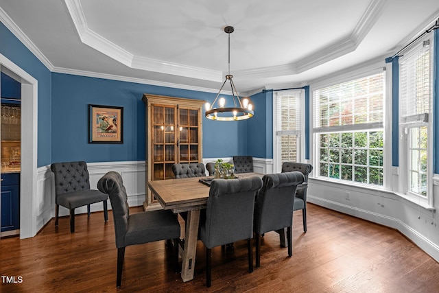 dining area featuring a chandelier, a tray ceiling, dark wood-type flooring, ornamental molding, and wainscoting