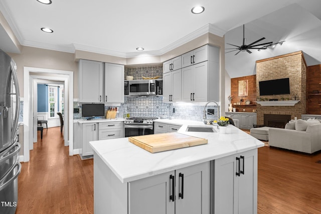 kitchen with appliances with stainless steel finishes, a sink, open floor plan, a peninsula, and light stone counters