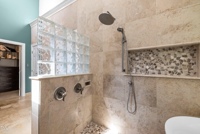 bathroom with a walk in shower and toilet