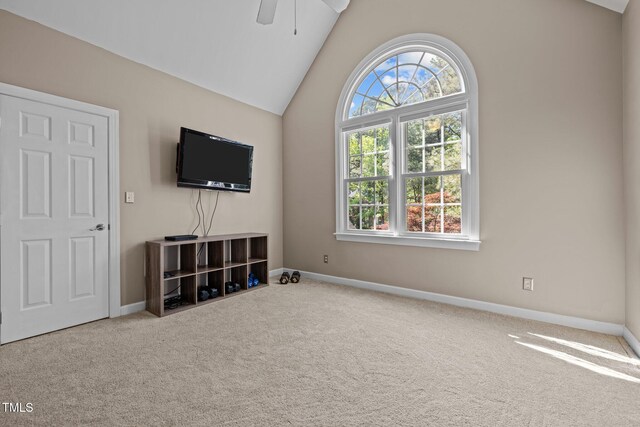 unfurnished living room featuring lofted ceiling, healthy amount of natural light, and carpet floors