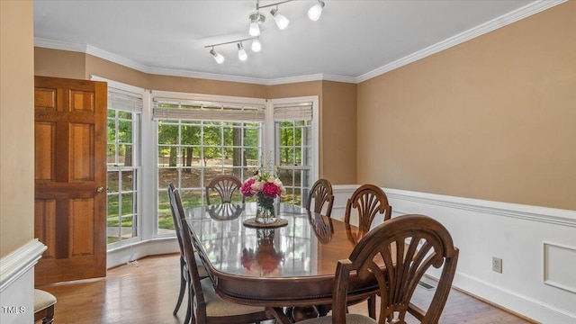 dining area with track lighting, wood finished floors, and ornamental molding