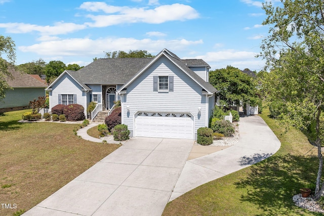 traditional home featuring driveway, a garage, and a front lawn